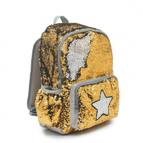 Mochila Escolar Lentejuelas Reversible Dorado/plateado