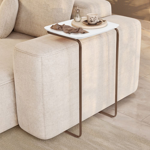 Mesa Ultraflex Lateral Aproximação Sofá Branca Base Café Cor Tampo Branco Base Café