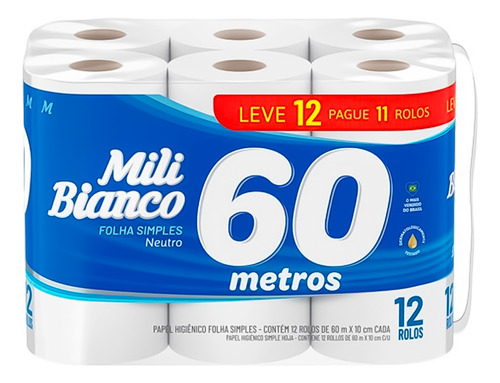 Papel Higiénico Mili Hoja Simple Neutro 60m X12 Rollos Otec