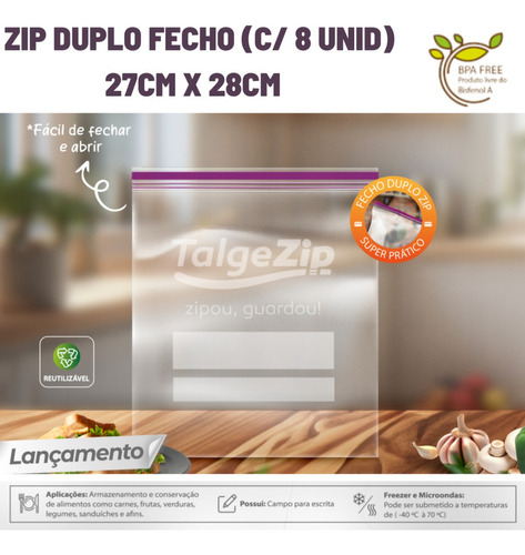 8 Sacos Zip Freezer/microondas C/ Fecho Duplo 27x28