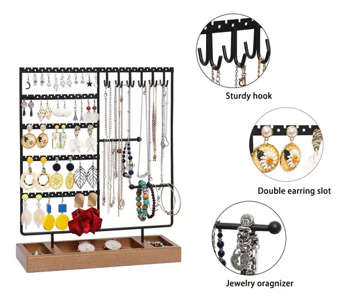X-cosrack Soporte para aretes, 5 niveles con bandeja de madera, organizador  de joyas para aretes, collares, pulseras, relojes y anillos, soporte de