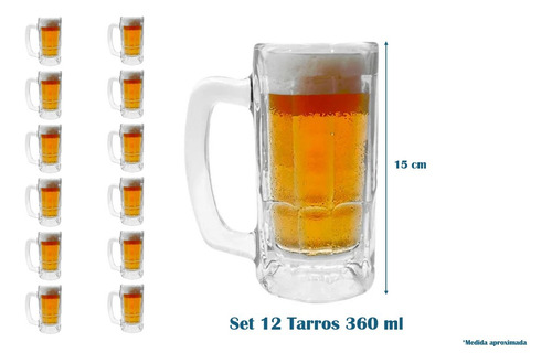 Set Pack 12 Tarros Vasos Cerveceros 360 Ml Vidrio Glassia Transparente