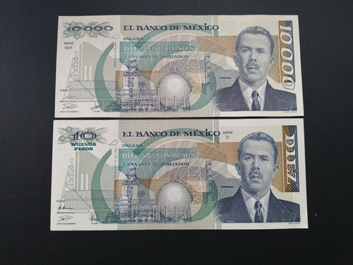 Par De Billetes 10000 Y 10 Nuevos Pesos, Cárdenas, Unc (Usado)