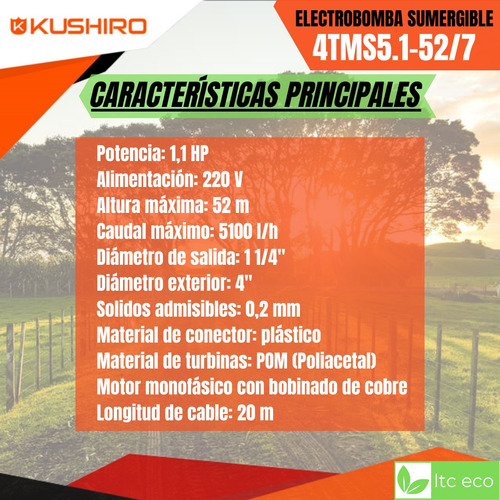 Imagen 2 de 10 de Bomba Sumergible 1.1 Hp 52 Mt 5100 L/h Pozo Agua Riego