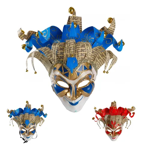 Mascara Bufon Cascabeles Veneciano Carnaval Azul Rojo