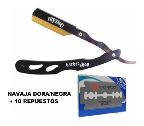 Navaja Navajin Afeitador De Barbero - Negro Con Dorado Barba