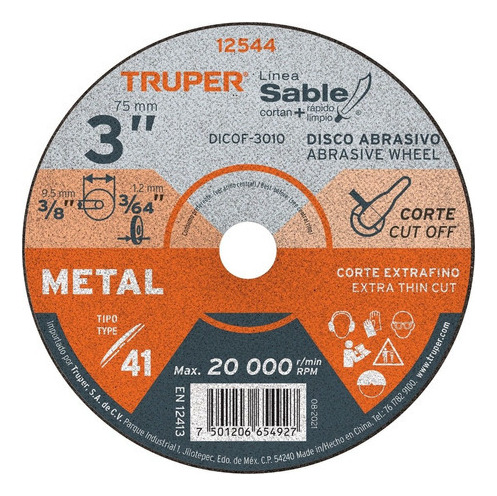 Disco 41 Corte Metal 3'' Esmeril Neumatico Truper 12544 Color Negro