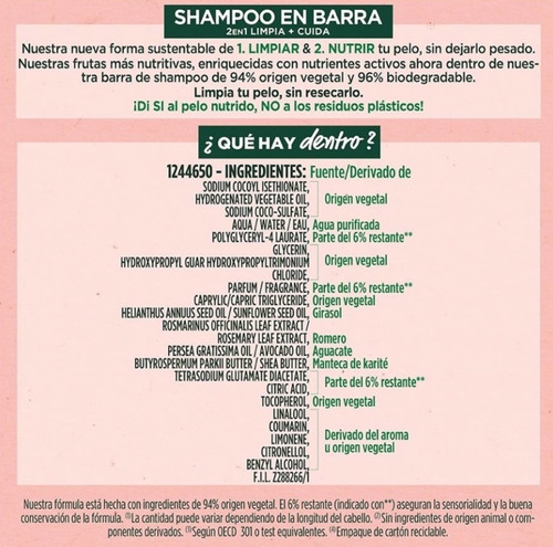 Shampoo Bar Garnier Fructis Sandía Revitalizante 60g 2 Pack