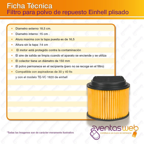 Filtro De Papel Repuesto Aspiradora Einhell Te-vc1820