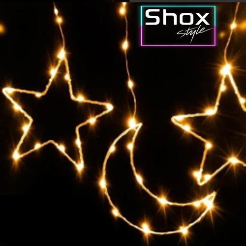 Imagen 6 de 10 de Cortina Luces Led Estrella Luna Alambre Enchufe 220 Cálido