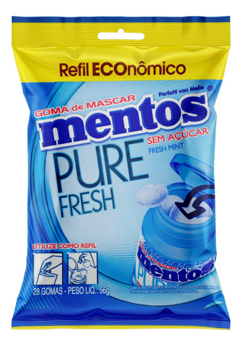 Goma de Mascar Fresh Mint Zero Açúcar Mentos Pure Fresh Pacote 56g 28 Unidades Refil Econômico