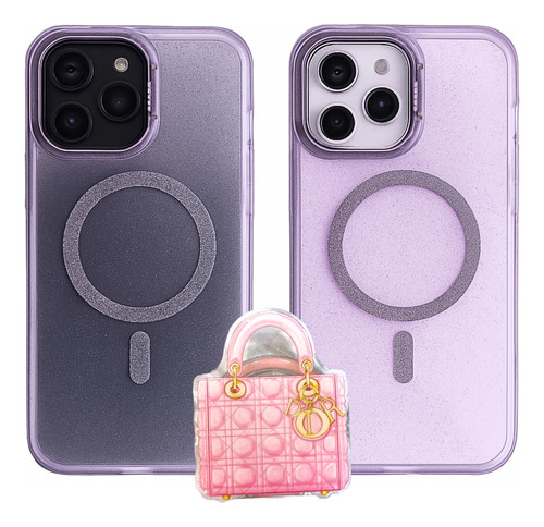 Soporte + Funda Celular Magsafe Glitter Combo P/ Ip 14 Y 15 Violeta Dior Bolso