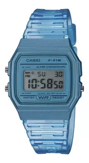 Reloj pulsera Casio Collection F-91 de cuerpo color celeste, digital, fondo gris, con correa de resina color transparente y celeste, dial negro, minutero/segundero negro, bisel color celeste y hebilla