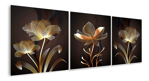 Cuadros Decorativos 90x50 Cms  Tripticos  Floral  Dorado