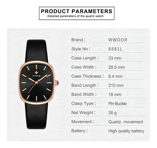 Reloj De Cuarzo Impermeable Cuadrado De Cuero Wwoor Color Del Bisel Blanco Plateado