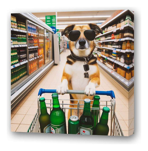 Cuadro 60x60cm Perro En Supermercado Comprando Cerveza M4