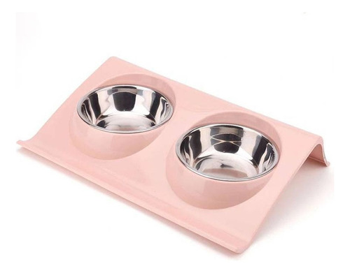 Comedero Doble Rosa 14cm Acero Inoxidable Para Gato O Perro