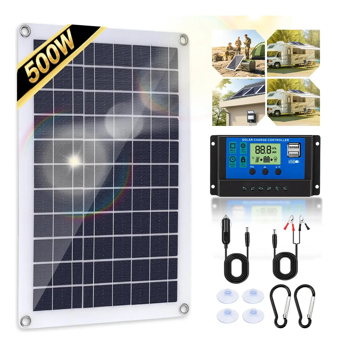 Panel Solar Modulo Monocristalin 500w 18v Y Con 100a Controlador Integrado,para Exteriores Y Carga De Celular Ip65,con Usb Y Dc Puertos