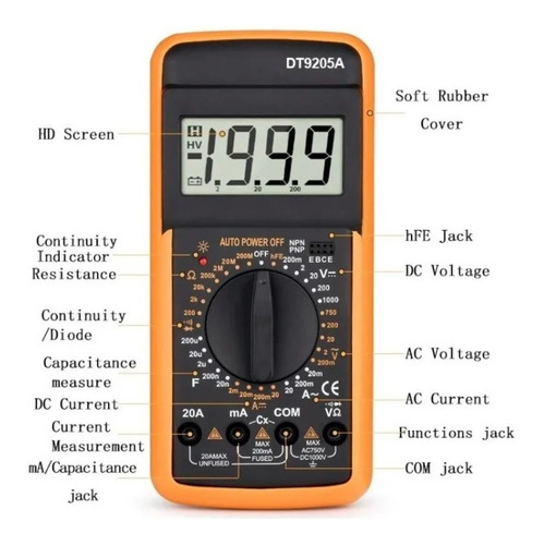 Imagen 2 de 4 de Multímetro Digital Dt-9205a Tester Multitester/ Tomasstore
