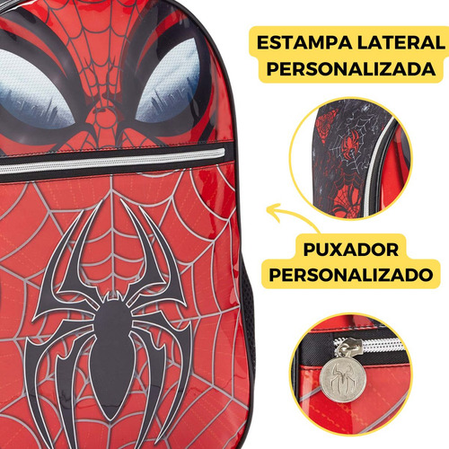 Mochila Homem Aranha Lancheira Garrafa Estojo Escolar Cor Vermelho Desenho do tecido Spider