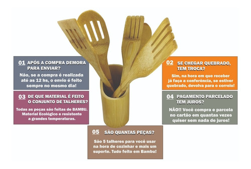 Imagem 2 de 10 de Conjunto Talheres Bambu 6 Peças Pau Colher Garfo Espatulas