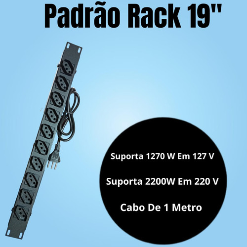 Regua Profissional M Volts 1 U Rack 10A 19 Polegadas Preto 10 Amper