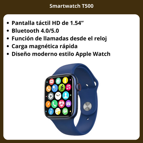 Smartwatch T500 Llamadas Con Cargador Usb 220v 1a Celular Celeste Liso Celeste Negro