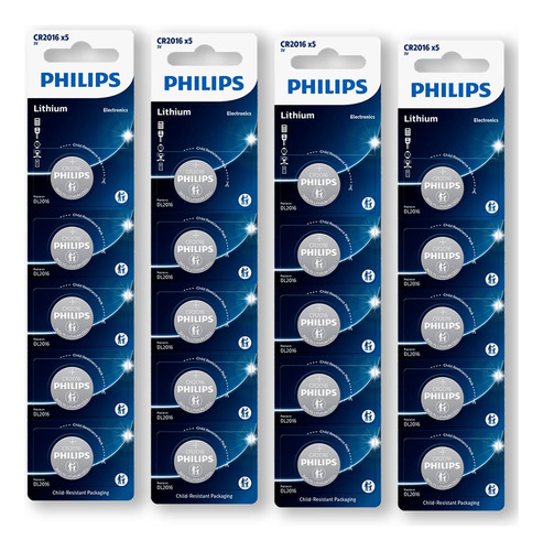 20 Pilhas Philips Cr2016 3v Bateria Original - 4 Cartelas