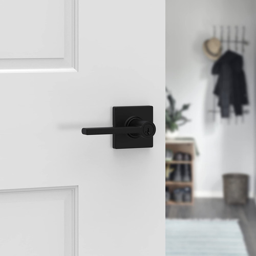 Kwikset Casey - Palanca De Bloqueo Para Puerta De Entrada, Entrada Exterior Con Llave Segura, Con Mango Reversible, Tecnología De Seguridad Smartkey Re-key Y Protección Microban En Negro Mate