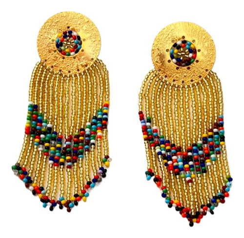 Aretes Multicolor Con Baño De Oro De 18k, Tejidos A Mano