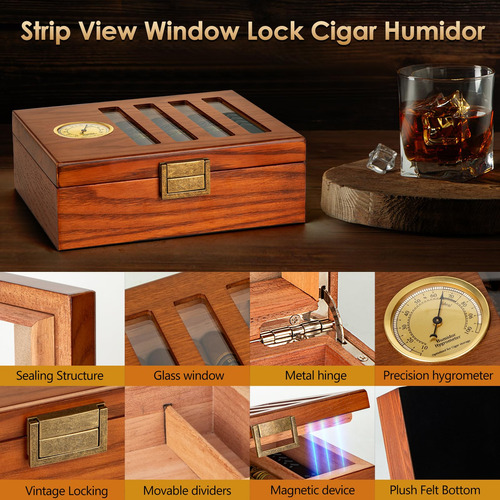 Humidor De Cedro Con Cerradura Y Ventana, Para 25 Puros