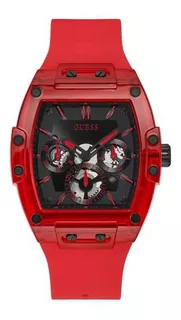 Reloj pulsera Guess GW0203G de cuerpo color rojo, analógico, fondo negro, con correa de silicona color rojo, agujas color rojo y negro, dial rojo y negro, subesferas color negro y plateado y rojo, min