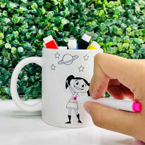 Caneca Luna Personalizada Para Pintar + 5 Canetas De Cor Branco