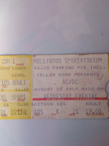 Ticket *ac//dc* Tour 1988 Hollywood Sportatorium /belgrano