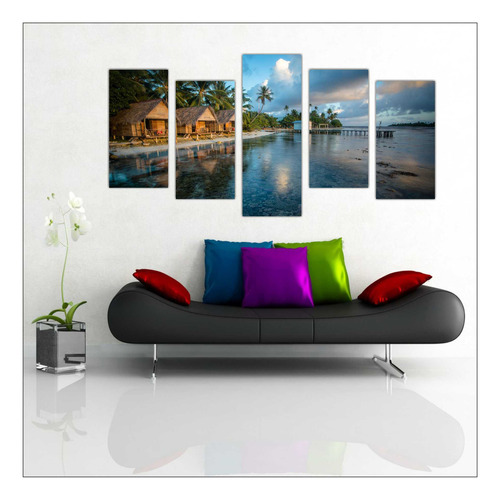 Quadro Decorativo Praia Mar Casa Mosaico 5 Peças