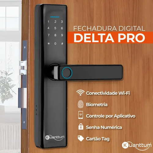 Fechadura Eletronica Digital Com Biometria Senha Kuantttum Delta Pro Tuya Wi-fi Cor Preta