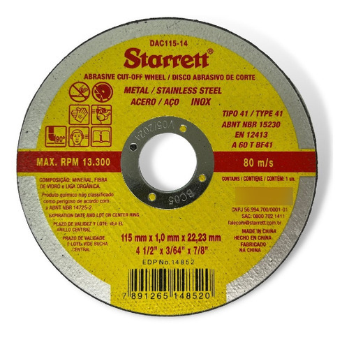 Disco De Corte Extra Fino Starrett 4.1/2 X 1mm Dac115-14