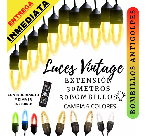 Extensión Luces Vintage 30 Metros Rgb Camping 30 Bombillos