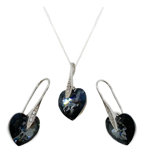 Conjunto Collar Y Aros Cristales Swarovski Plata 925 Plateado 40 Cm