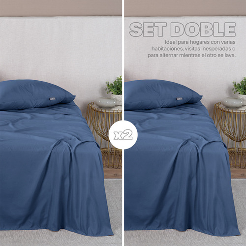 Paquete 2 Juegos Sábanas Queen Size Microfibra Real Textil Azul Liso