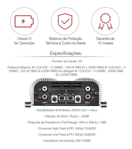 Módulo Taramps Ts400 Digital 400w Rms 4 Canais 2 Ohms Loi