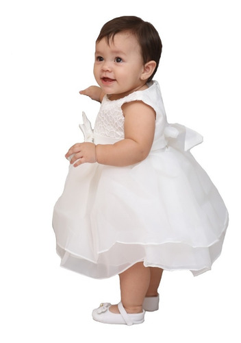 Imagem 2 de 6 de Vestido Bebê Batizado Batismo Off-white Bordado Flor E Laço