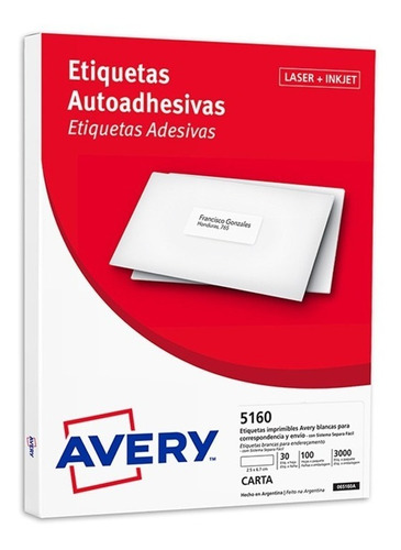 Etiquetas Avery 5160 P/ Impresora Laser  (x100 Hjs)