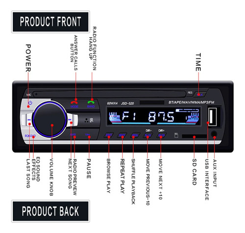 Radio Auto Con Bluetooth Fm-usb-sd 60wx4 Cables Control