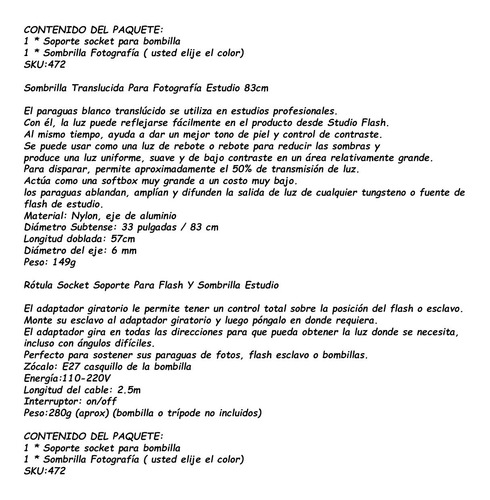 Combo Soporte Socket Para Bombilla + Sombrilla Translucida
