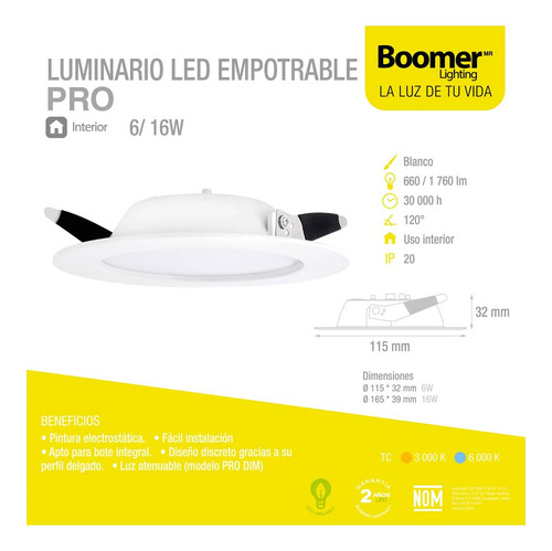 Luminario Led Empotrable Pro Interior 6w Luz Calida Boomer