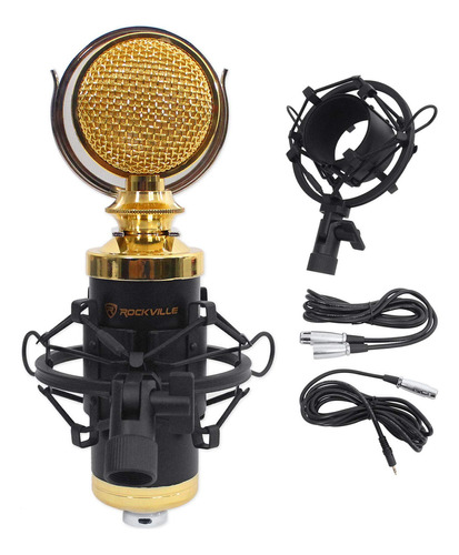 Micrófono Condensador Rockville Rcm02 Pro Studio Record Color Negro Y Dorado