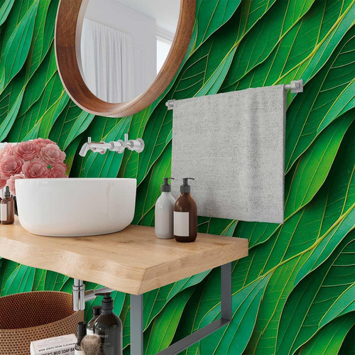 Adhesivo de pared con forma de hojas, tonos de verde, efecto ondulado, 15 m