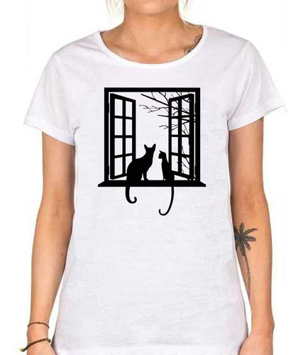 Remera De Mujer Gatos Mirando Por La Ventana