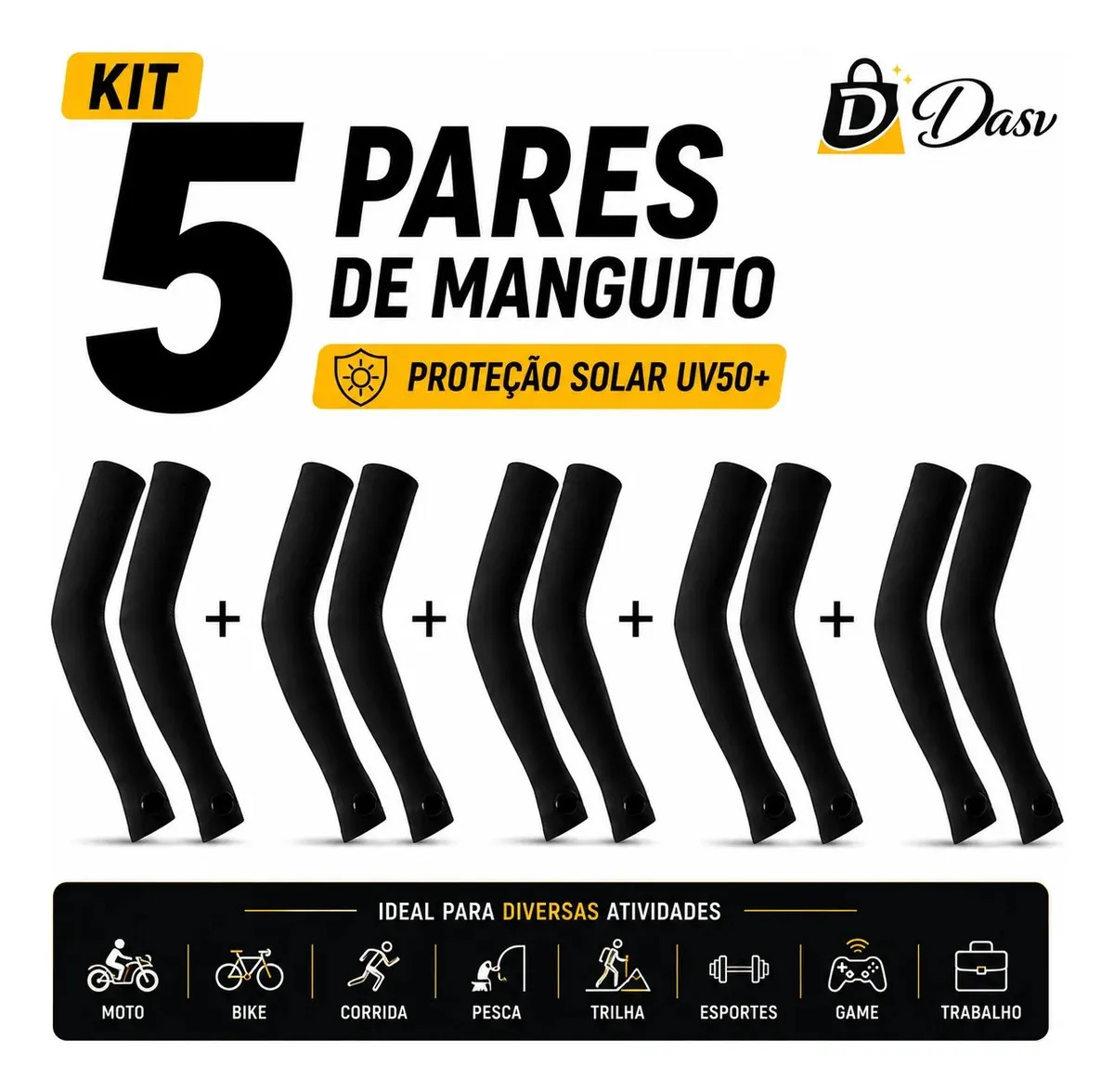 Conjunto Kit 5 Pares Manguito Proteção Solar Moto Manga Bike Motocicleta Braço Esporte Futebol Volei Pesca Trilha Dasv